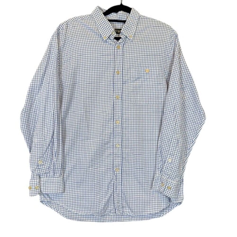 Orvis Country Twill‎ Button Front Shirt Blue White Windowpane Plaid Size Large